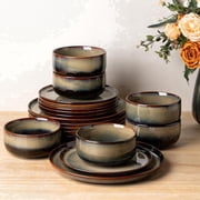 TheTerra Ceramic Dinnerware Sets for 6, 18 Pieces Handmade Reactive Glaze Plates and Bowls Set, Scratch Resistant Dish Set, Oven & Microwave & Dishwasher Safe, Coca Mocha