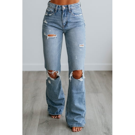 Thea Flying Monkey Women's High Rise Flare Jeans, Distressed 90s Fit, Medium Wash