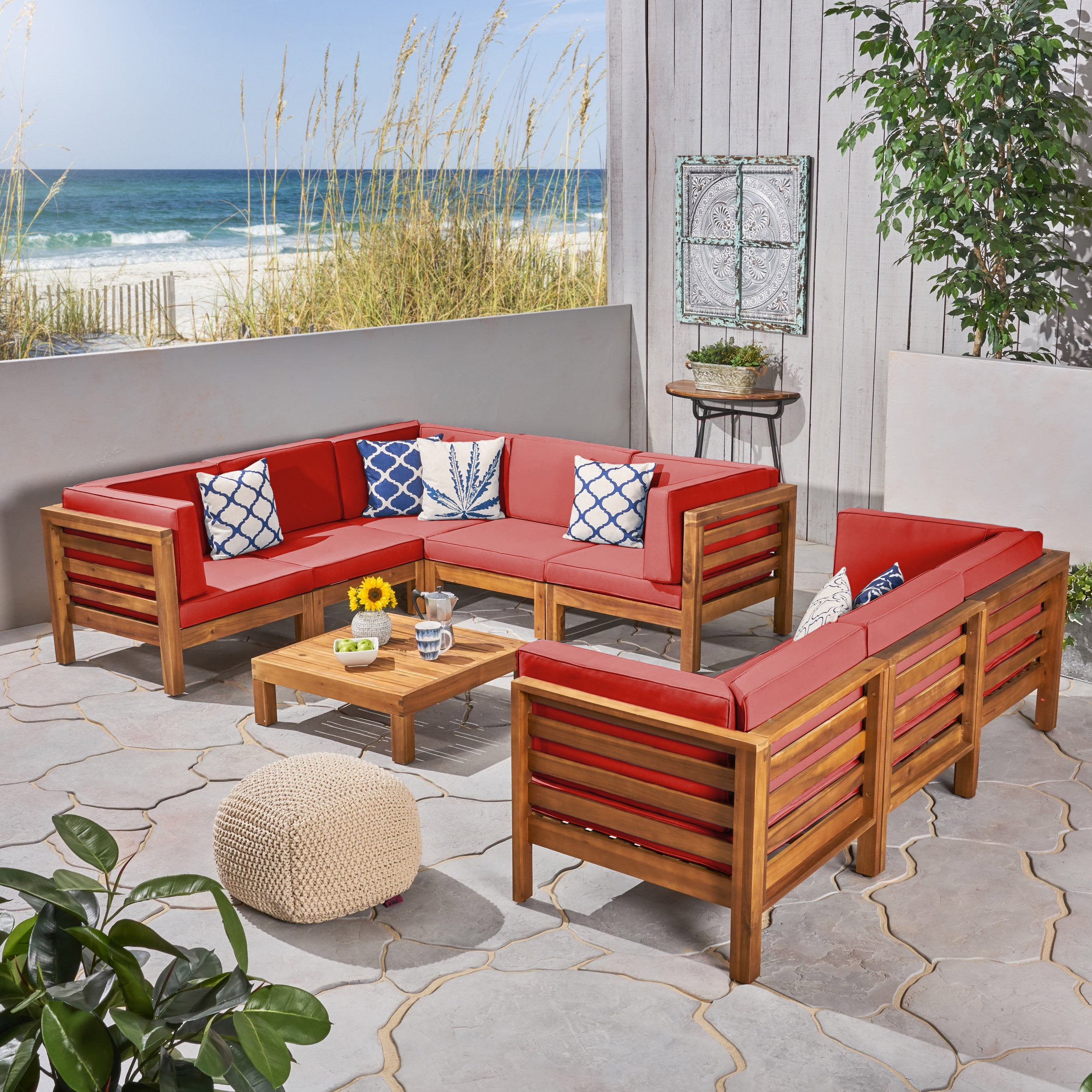 Thea Outdoor 9 Piece Acacia Wood Sectional Sofa Set and Cushions with Coffee Table, Teak, Red