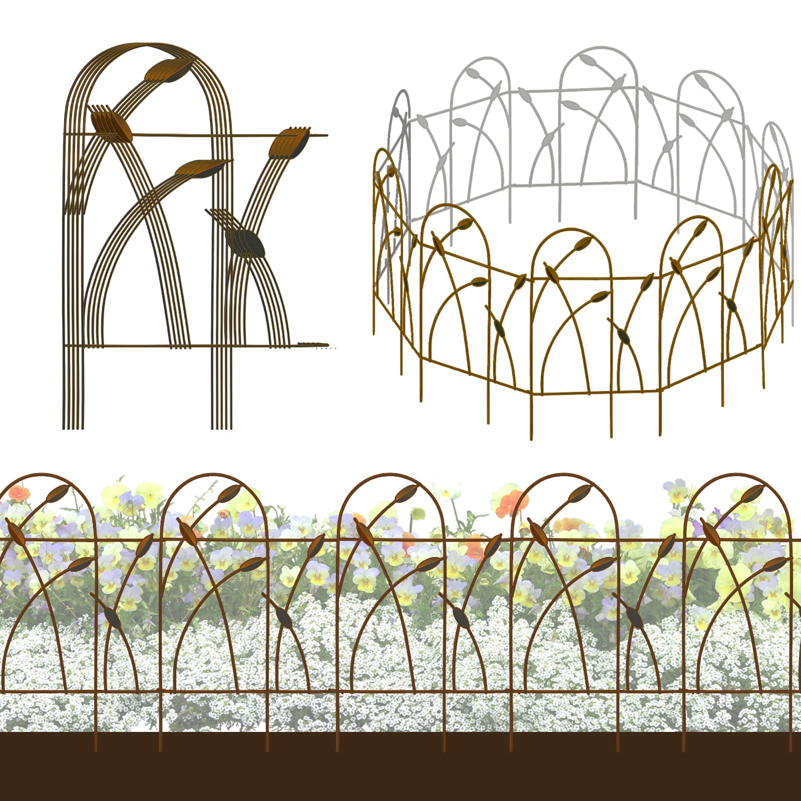 Thealyn Metal Decorative Garden Fence Border, 32 in.H x 19.5 in.W (10 Panels, Total Length 16 feet) No Dig Fence Rustproof Wrought Iron Landscape Fencing for Flower Bed, Trees, Animal Barrier, Bronze