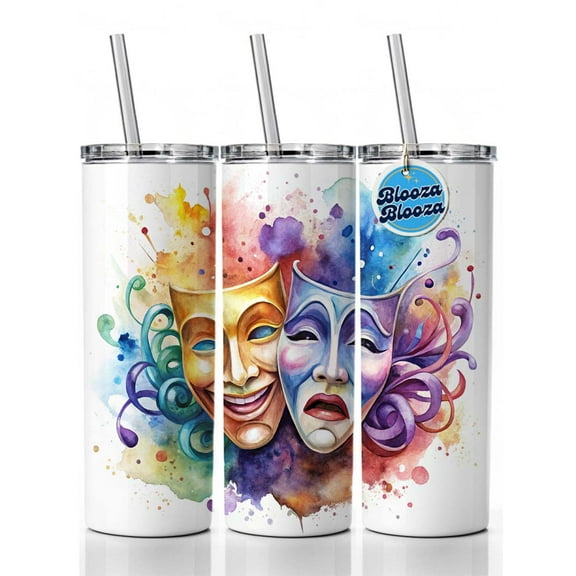 Theater Drama Masks Watercolor 20oz Insulated Water Bottle Skinny Tumbler Includes Straw