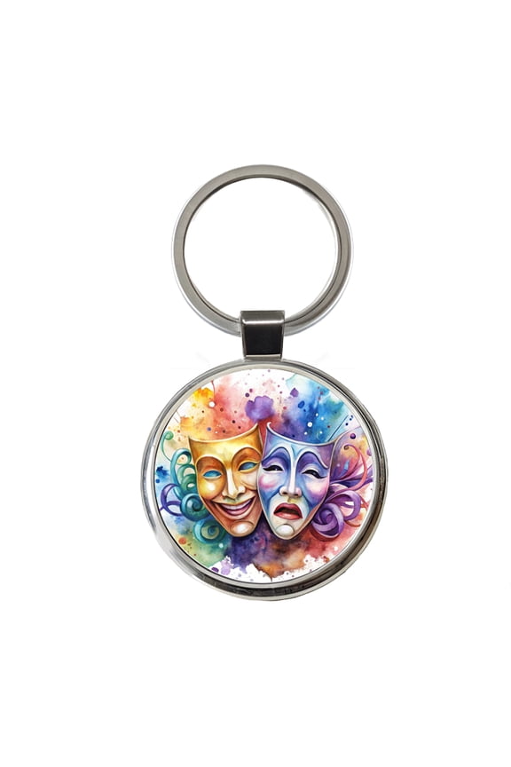 Theater Drama Masks Watercolor Metal Round Keychain