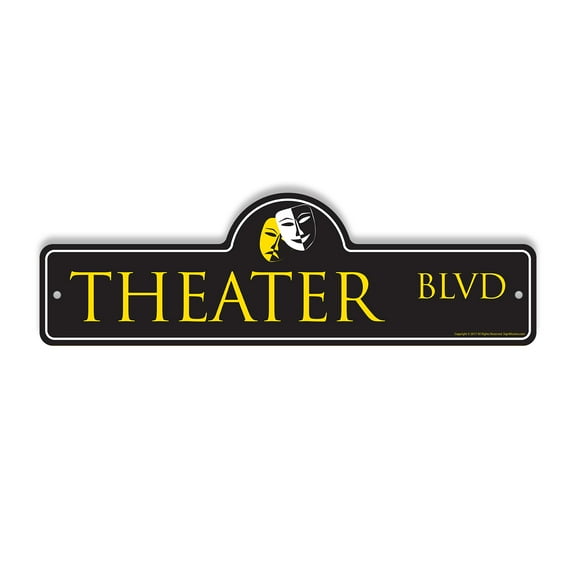 Theater Plastic Street Sign - 6 Inch X 18 Inch Gift Stage Performance Acting Drama Comedy Decor Play Lights Show Movie Fun Musical