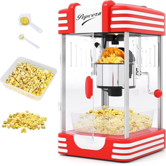 Theater Style Popcorn Machine, Stainless Steel Kettle Countertop Popcorn Maker with Halogen Light, Scoops, Removable Tray for Home, Parties, Movie Nights, Red