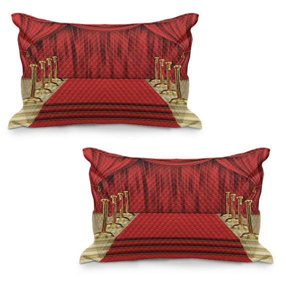 Theatre Quilted Pillowcover Set of 2, Red Carpet and Shower Stage Concert Play Curtains Digital Illustration Gala, Standard Queen Size Pillow Cover Bedroom, 36" x 20", Red and Yellow, by Ambesonne