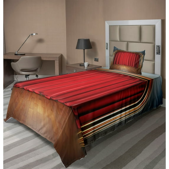 Ambesonne Theatre Fitted & Top Sheet Set with Sham, Stage with Classic Curtains, Red and Brown