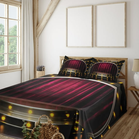 Ambesonne Theatre Fitted & Top Sheet Set with Shams, Stage Arts Drapes Curtains, Burgundy and Yellow