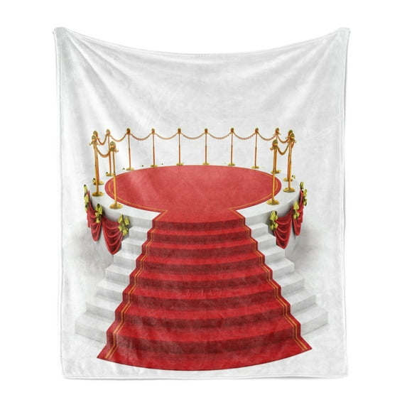 Theatre Soft Flannel Fleece Throw Blanket, Simplistic Design Round Stage with Stairs Concert on Plain Background Print, Cozy Plush for Indoor and Outdoor Use, 50" x 60", Red and White, by Ambesonne