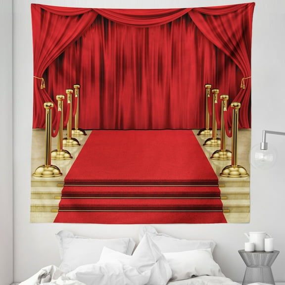 Theatre Tapestry, Red Carpet and Shower Stage Concert Play Curtains Digital Illustration Gala, Fabric Wall Hanging Decor for Bedroom Living Room Dorm, 5 Sizes, Red and Yellow, by Ambesonne