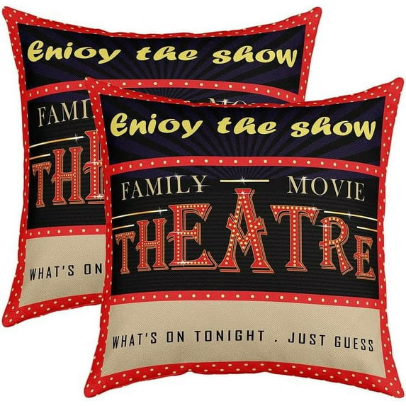 Theatre Theme Reversible Throw Pillow Covers,Vintage Cinema Movie Theater Square Cushion Covers Set of 2 for Bed Sofa Couch,All Season Movie Theater Pillow Covers Home Decor 18 x 18-Inch