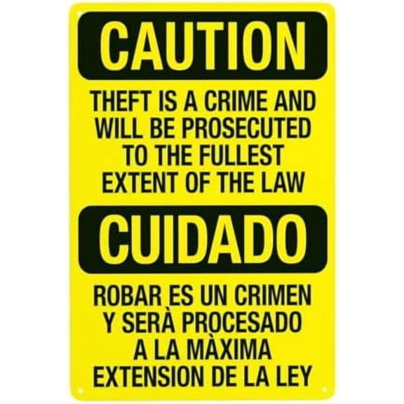 Theft Is A Crime And Will Be Prosecuted To The Fullest Extent Of The Law Bilingual Warning,Store Security Metal Signs for Busines Home Wall Caution Decor 8 x 12 Inch