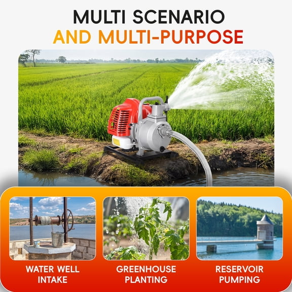 Thehsnt 1 Inch Gas Powered Semi Trash Pump 42.5cc 2-Stroke, 35.66 GPM, 98 ft Lift for Irrigation, Pool, Flooding