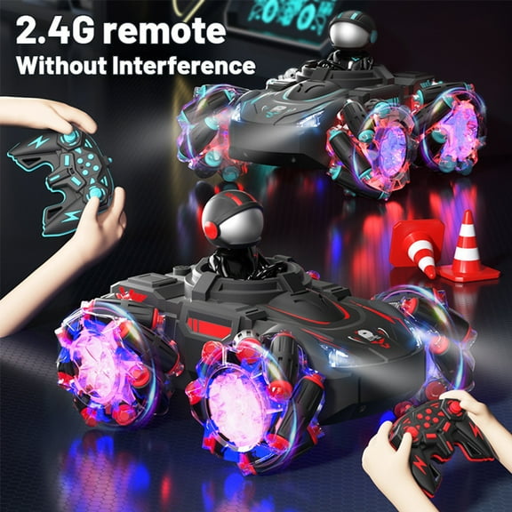 Thehsnt 2.4GHz Remote Control Car with Projector LED Light Music Racing Driver Figurine Electric 360 Degrees Rotating RC Stunt Drift Car 4WD Electric Truck Vehicle Toy