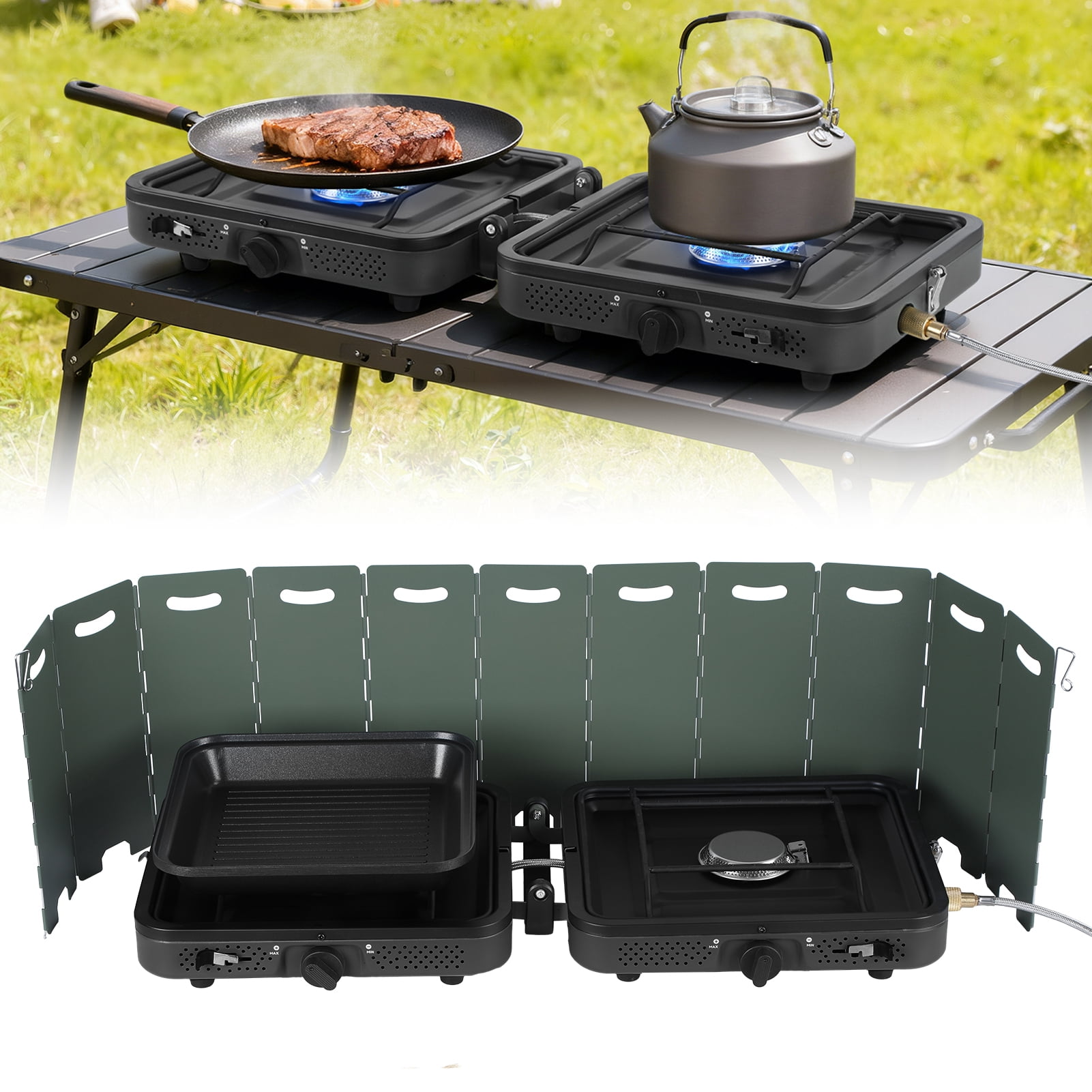 Thehsnt 2 Burner Camping Stove with Windshield – 20,000 BTU Portable Propane Stove, Folding Gas Stove for Outdoor BBQ, Tailgating