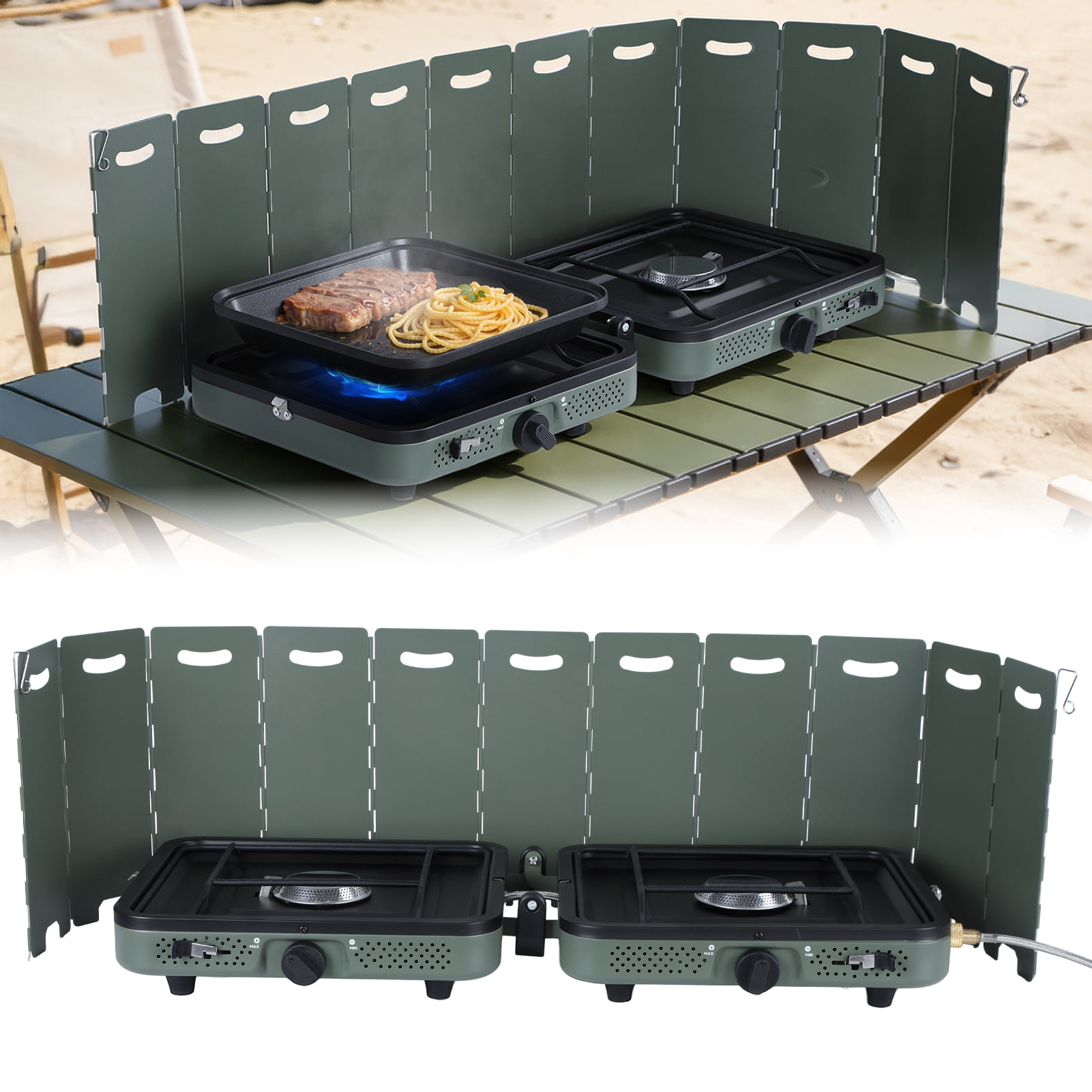Thehsnt 2 Burner Camping Stove with Windshield – 20,000 BTU Portable Propane Stove, Folding Gas Stove for Outdoor BBQ, Tailgating