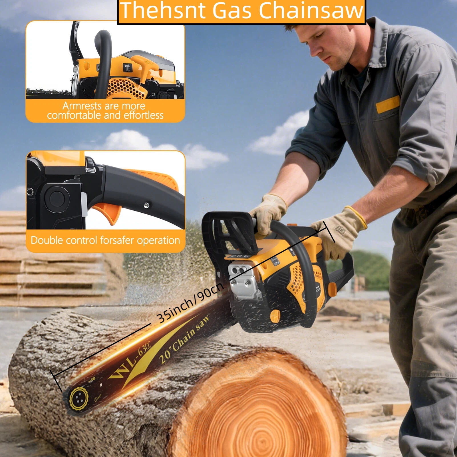 Thehsnt 20" Gas Chainsaw 8500RPM – 63CC 2-Stroke with Auto-Oil System, Heavy Duty for Fast Cutting
