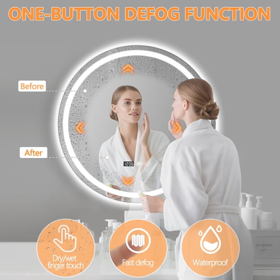 Thehsnt 24 Anti-Fog Bathroom Mirror  One-Button Defog, LED Light, Waterproof Touch for Shower