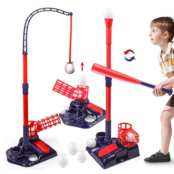Thehsnt 3-In-1 Baseball Tee Set with Pitching Machine Retractable Bat 6 Balls Adjustable Height Indoor Outdoor Sport Toy for Kids Age 3-12