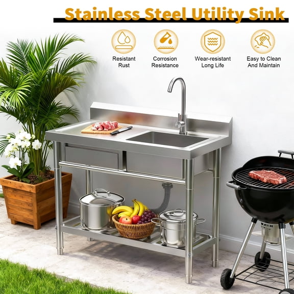 Thehsnt 39-Inch Stainless Steel Sink with Drawer & Shelf – Free Standing Utility Sink with Hot/Cold Faucet for Kitchen, Laundry, Outdoor