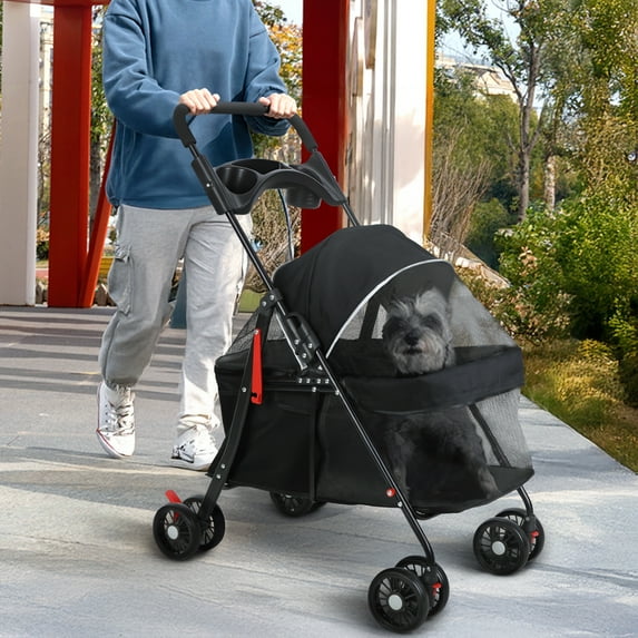 Thehsnt 4-Wheel Pet Stroller for Small Dogs - Foldable Carrier with Breathable Mesh & Cup Holder