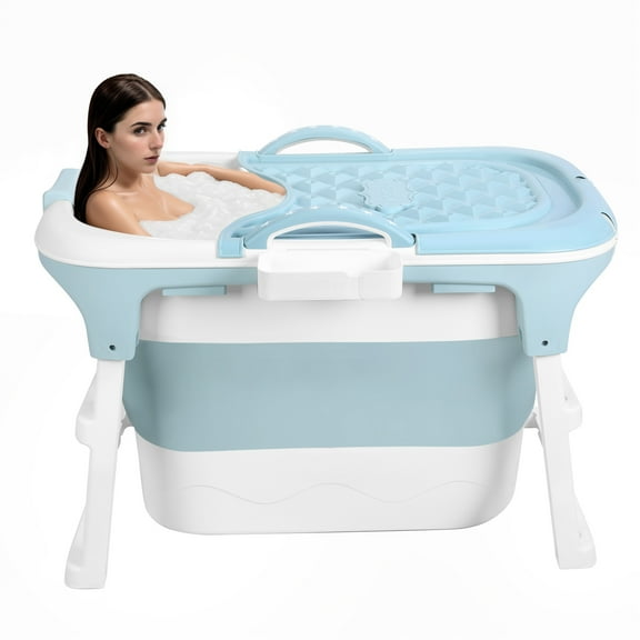 Thehsnt 40.6 Inch Portable Folding Bathtub, Small Foldable Tub with Ergonomic Seat & Massage Roller