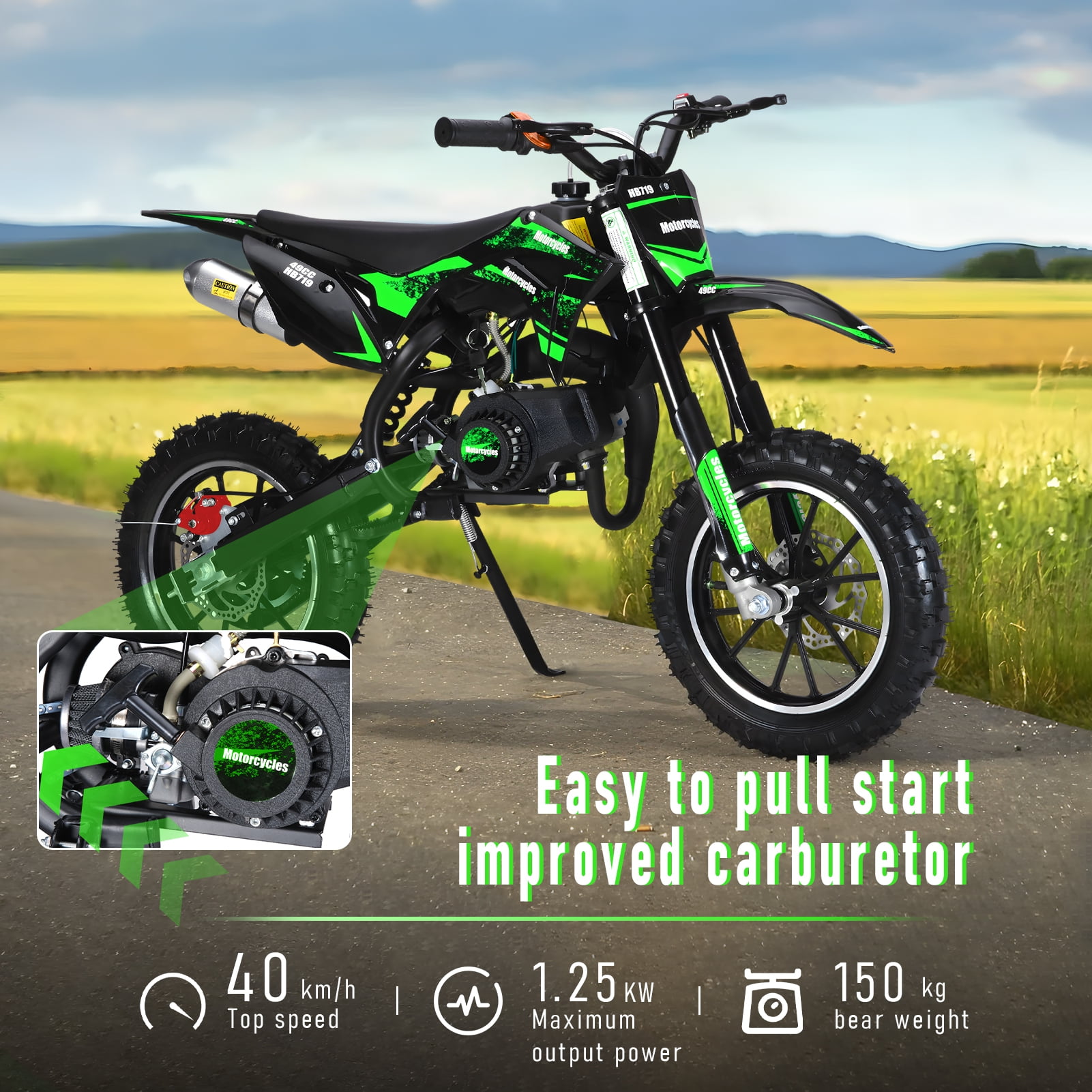 Thehsnt 49CC Gas-Powered Kids Dirt Bike - 25 MPH Max Speed, 330 LBS Load, Disc Brakes & Shock Absorbers for Off-Road Riding