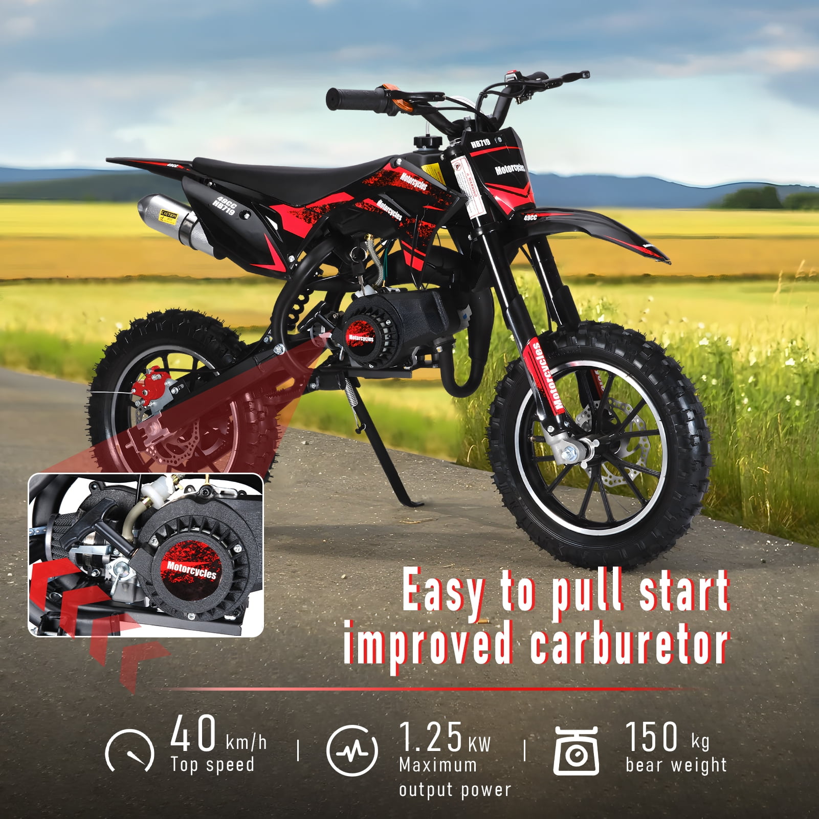 Thehsnt 49CC Gas-Powered Kids Dirt Bike - 25 MPH Max Speed, 330 LBS Load, Disc Brakes & Shock Absorbers for Off-Road Riding