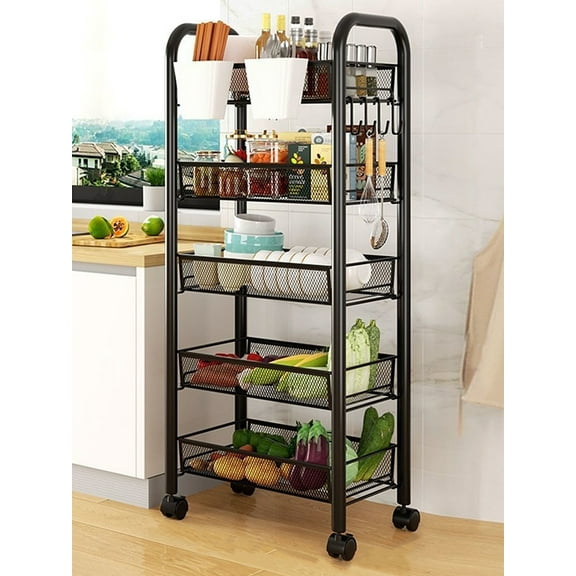 Thehsnt 5-Tier Rolling Storage Cart - 360° Spin Metal Wire Shelves with Locking Wheels, Space-Saving Organizer for Kitchen/Pantry/Bathroom, Rust-Resistant Black Shelving Unit