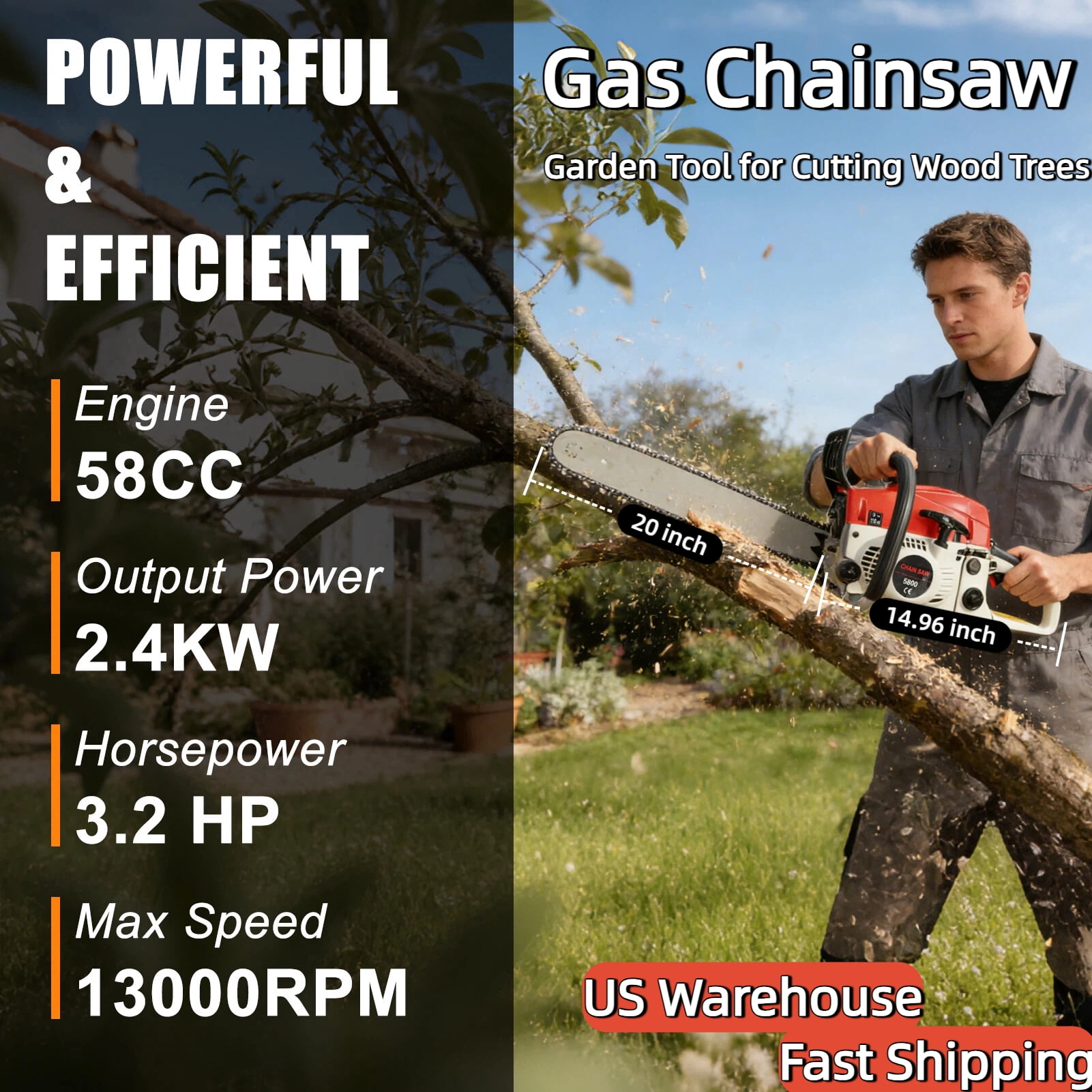 Thehsnt 58cc Gas Chainsaw, 20-Inch Bar Powerful & Lightweight with Auto Oiler for Wood Cutting Tree Trimming