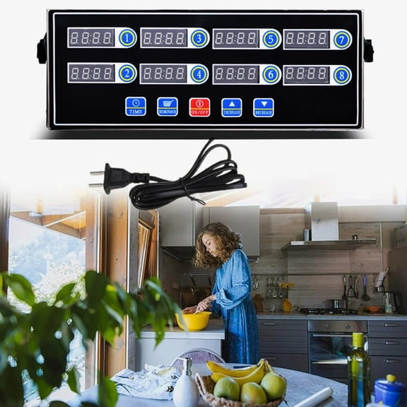 Thehsnt 8‑Channel Digital Kitchen Timer – Stainless Steel, LED Display, Adjustable Bracket, Multi-Function Timer for Commercial & Home Use