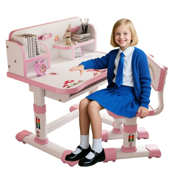 Thehsnt Adjustable Kids Study Desk & Chair Set - Ergonomic with Bookshelf, Storage & Fun Designs (Blue/Pink)