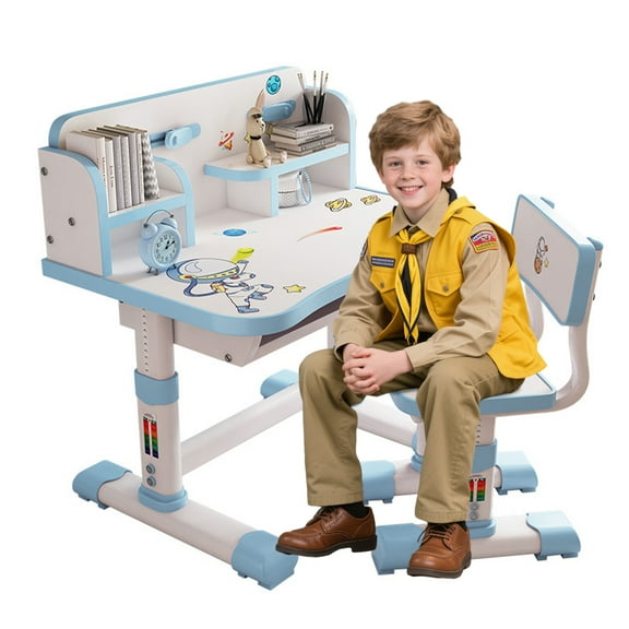 Thehsnt Adjustable Kids Study Desk & Chair Set - Ergonomic with Bookshelf, Storage & Fun Designs (Blue/Pink)