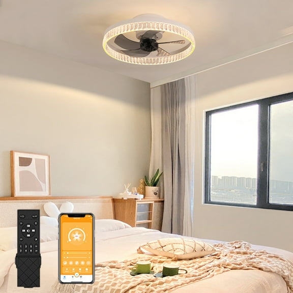 Thehsnt Ceiling Fan with Lights, 20" Ceiling Fan with Remote Control, Modern Flush Mount Ceiling Fan, Round Fan Light for Bedroom, Living Room, Kitchen, Small LED Ceiling Light Fixture