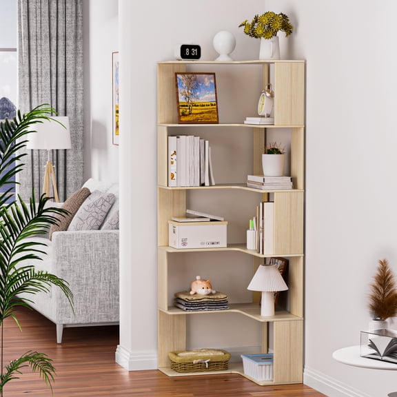 Thehsnt Corner Bookshelf 5-Tier, L-Shaped Bookcase with Anti-Drop Panel & Wood Grain Finish
