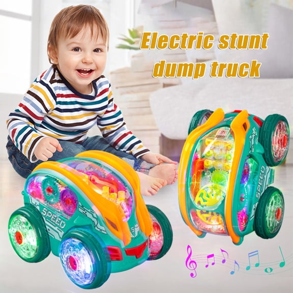 Thehsnt Electric Stunt Car Toy with LED Light Music Dynamic Gear-Powered Truck 360 Degrees Rotation Transparent Luminous Vehicle Toddlers Boys Gift