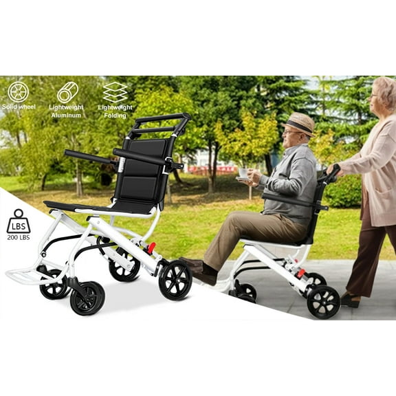 Thehsnt Folding Wheelchair, Portable Transit Travel Chair for Adults, Ergonomic Design Wheelchair with Adjustable Safety Strap