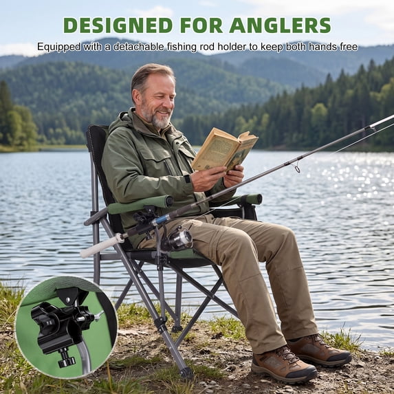 Thehsnt Heavy Duty Folding Fishing Chair with Rod Holder – 330 lbs Capacity, All Terrain Portable Camping Chair with Cup Holder & Side Pocket