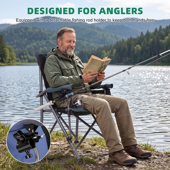 Thehsnt Heavy Duty Folding Fishing Chair with Rod Holder – 330 lbs Capacity, All Terrain Portable Camping Chair with Cup Holder & Side Pocket
