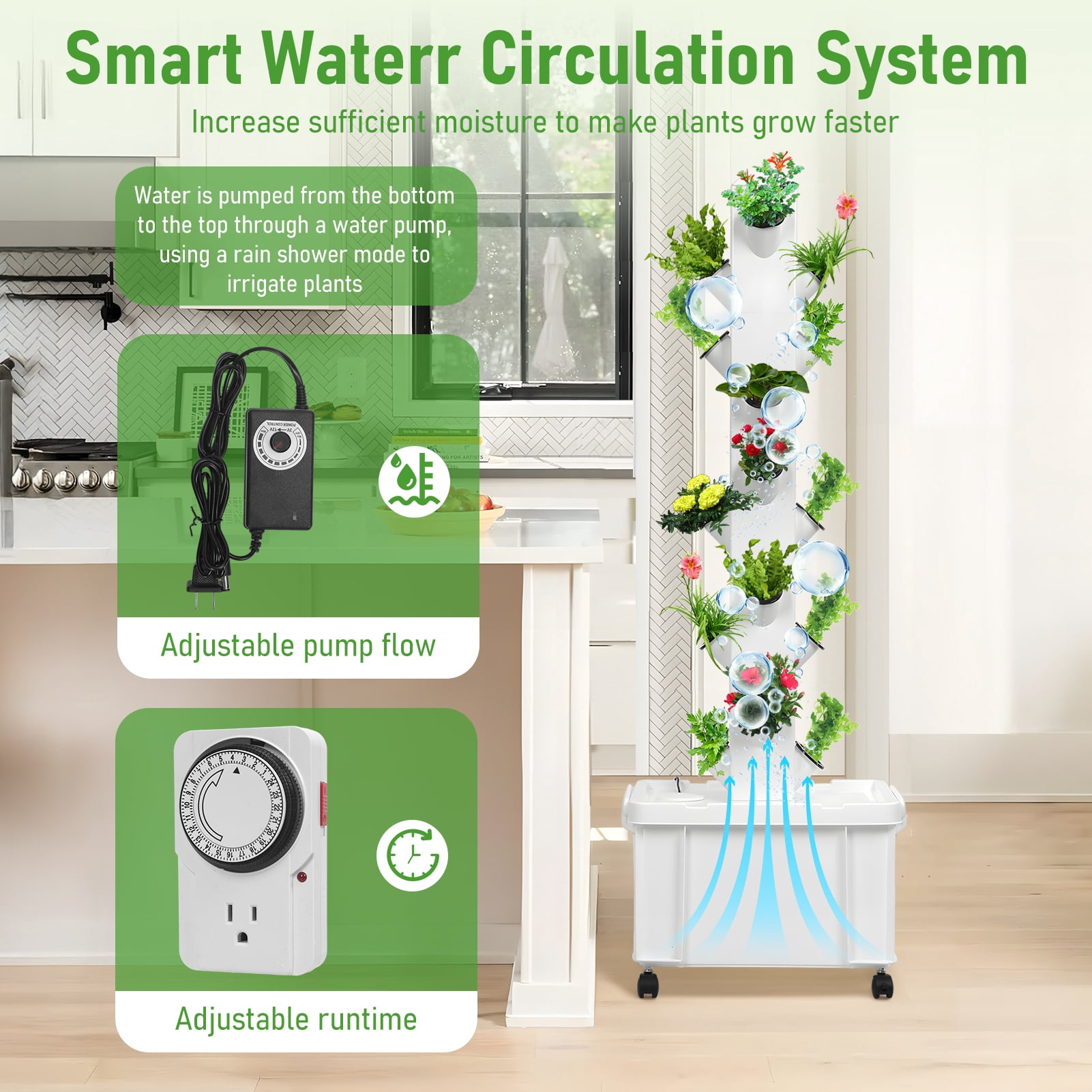 Thehsnt Hydroponic Tower with Water Pump & Wheels, 20-Plants Vertical