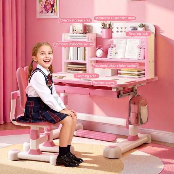 Thehsnt Kids Study Desk Chair Set, Height Adjustable Children School Study Table Chair Set with Sitting Corrector, Ergonomic Desk Chair with Book Stand, Foot Pedal