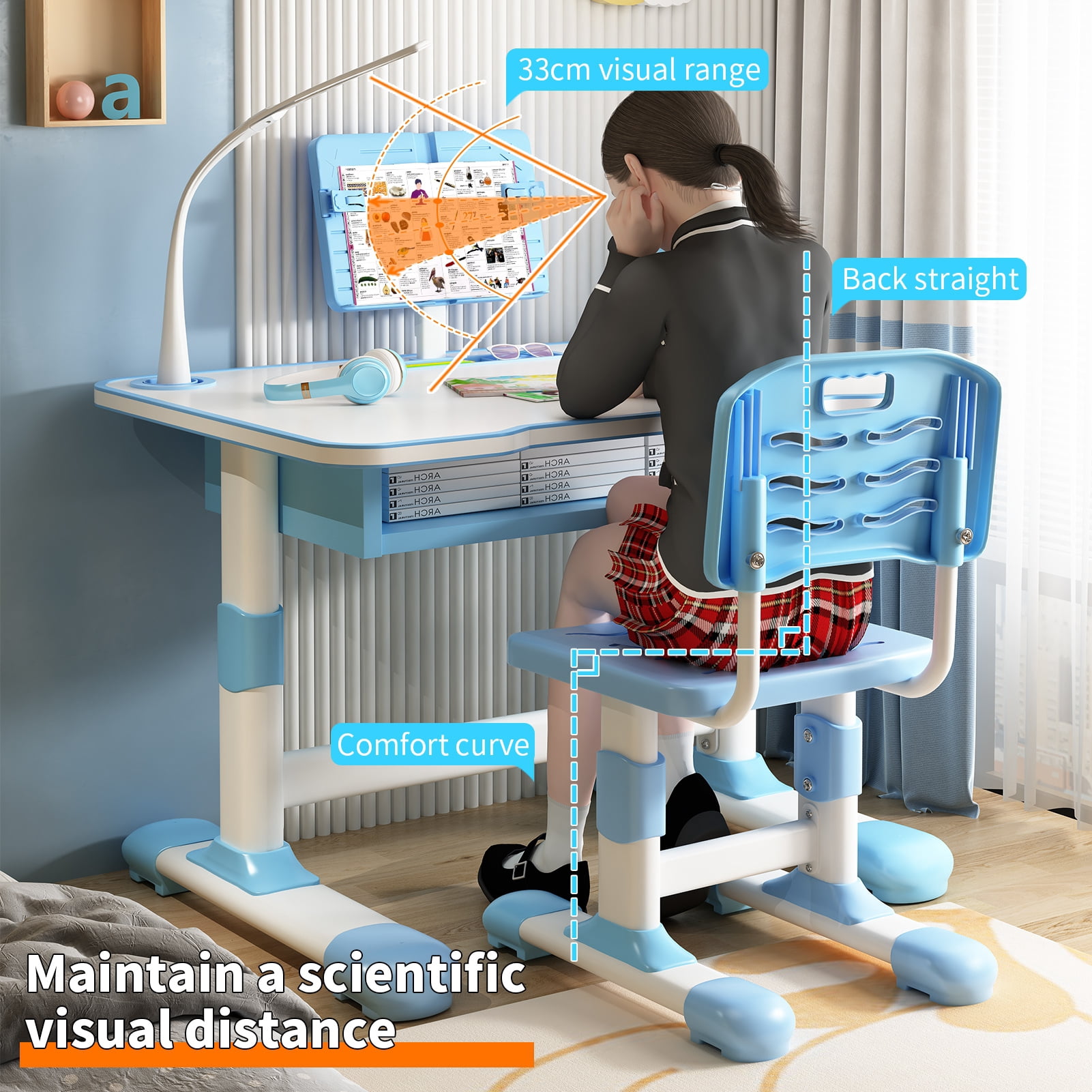 Thehsnt Kids Study Desk Chair Set with Tiltable Reading Stand LED Table ...