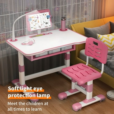 Thehsnt Kids Study Desk Chair Set with Tiltable Reading Stand LED Table Light, Height Adjustable Toddlers Writing Table, Children Learning Table with Extra Large Drawer