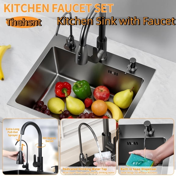 Thehsnt Kitchen Sink, Black Drop-in Dishwash Sink, Stainless Steel Single Bowl Sink, Kitchen Sink Faucet Combo Set, Corner Kitchen Workstation Sink