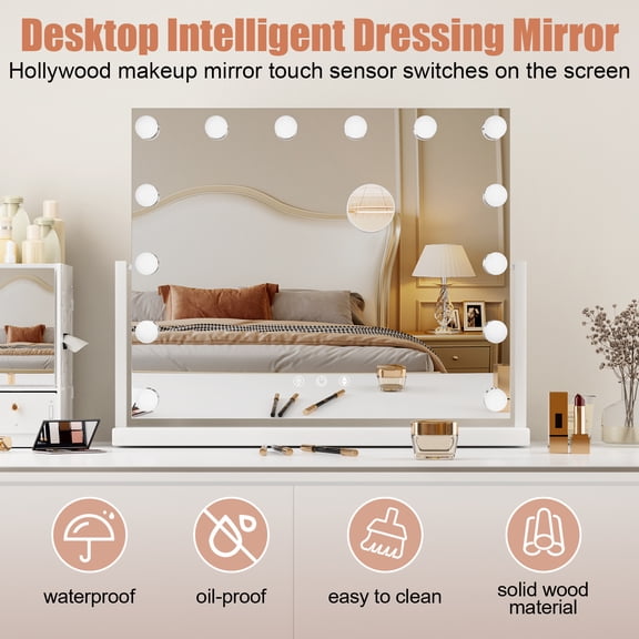 Thehsnt LED Lighted Vanity Mirror for Bedroom 22x17 with 10X Zoom, 3 Colors, Touch Control & Wood Finish