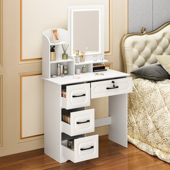 Thehsnt Lighted Mirror Makeup Vanity Desk with Storage - Large Dressing Table for Bedroom, 6-Tier Open Shelves & 4 Drawers, Modern Vanity Table with Lights for Makeup Organization