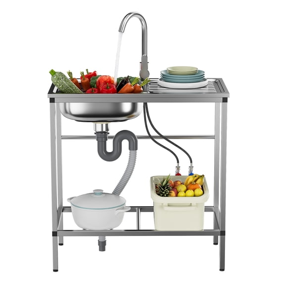 Thehsnt Mop Sink with Extended Elevated Rack, Sink for Laundry Room, Kitchen, Restaurant, Garage, Overflow-Proof Reservoir, 5 Hooks, 150kg Capacity(17.7"×16.1"×68.9")
