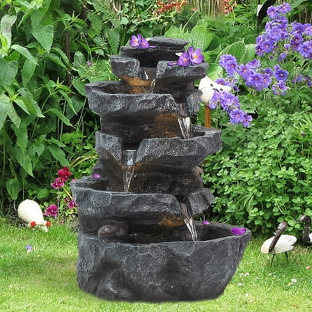Thehsnt Outdoor Water Fountain with LED Lights - 5-Tier Cascading Rock Fountain for Garden, Patio, Yard Decor, Includes Pump & Easy Setup