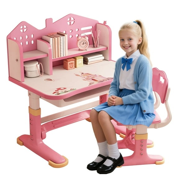 Thehsnt Pink Kids Adjustable Study Desk Set with Storage - Wide Desktop, Fun Cartoon Patterns for School Children, Multiple Styles