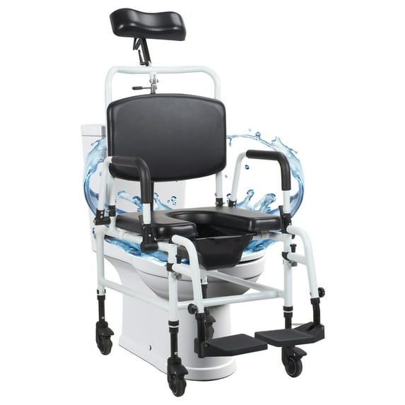 Thehsnt Shower Chair with Wheels, Multifunctional Bedside Commode Chair, Angle Adjustable Shower Commode Wheelchair, Shampoo Chair with Headrest and Bucket for Elderly, Disabled, Adults