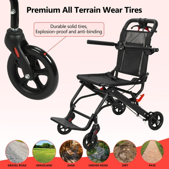 Thehsnt Ultra-Light Aluminum Transport Chair - Foldable with Adjustable Sides, Supports 286lbs